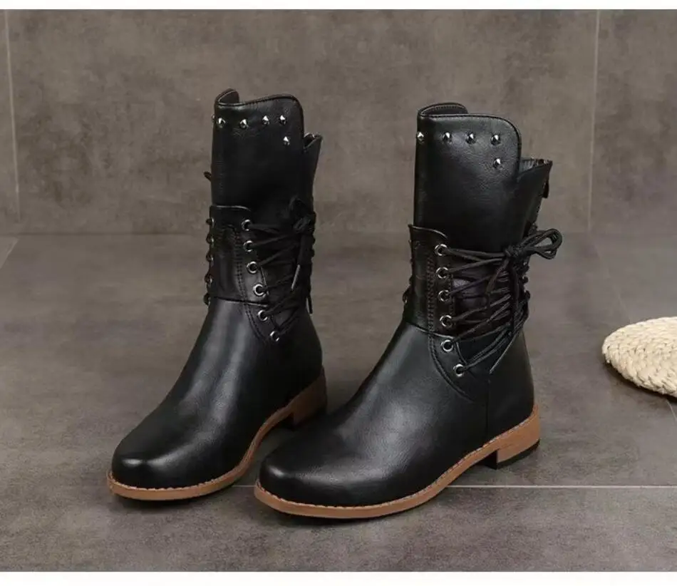 Classic Sexy Woman Mid Calf Boots Women Lace Up Rivet Low Heels Female Zip Footwear Ladies Leather Short Boots Women's Shoes