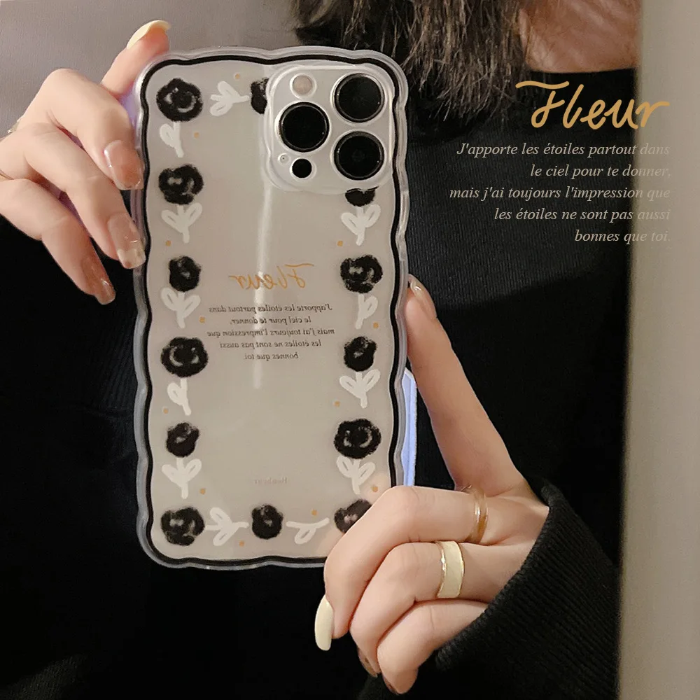 

Colored cartoon transparent black rose Phone Case For iphone 14 13 12 11 Pro Max X XR XSMAX 7 8 Plus SE TPU wave Case Cover