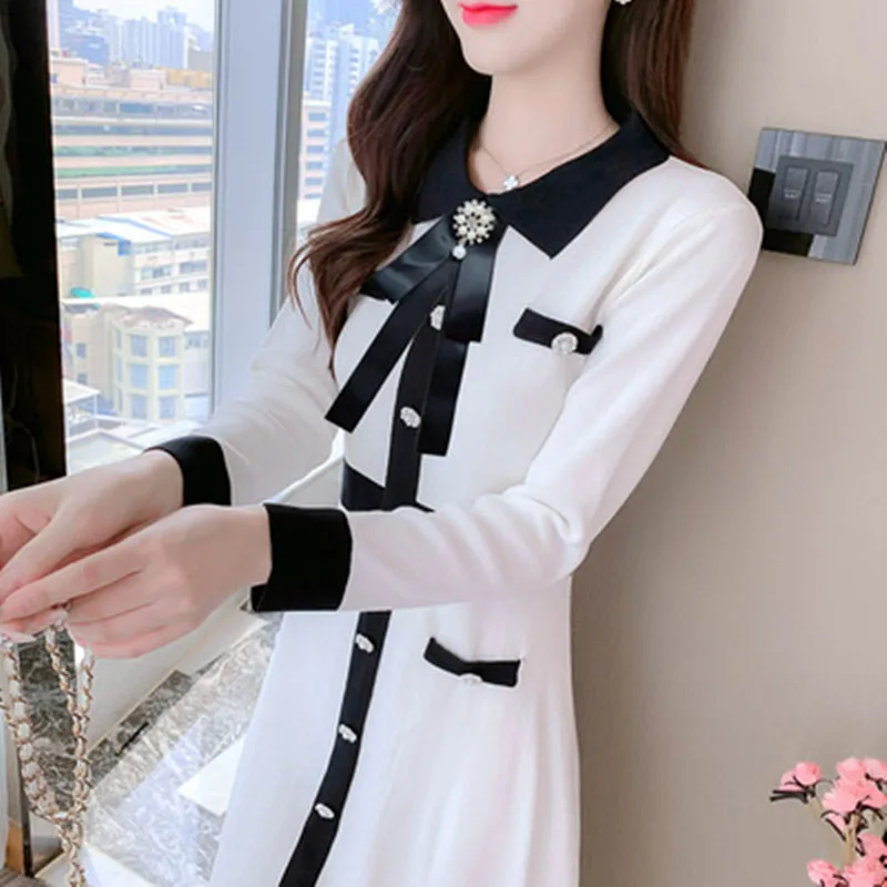 

Women 2023 New Winter Autumn Contrast Color Knit Sweater Dress Korean Fashion Long Sleeve Bowknot Midi Dresses Vestidos
