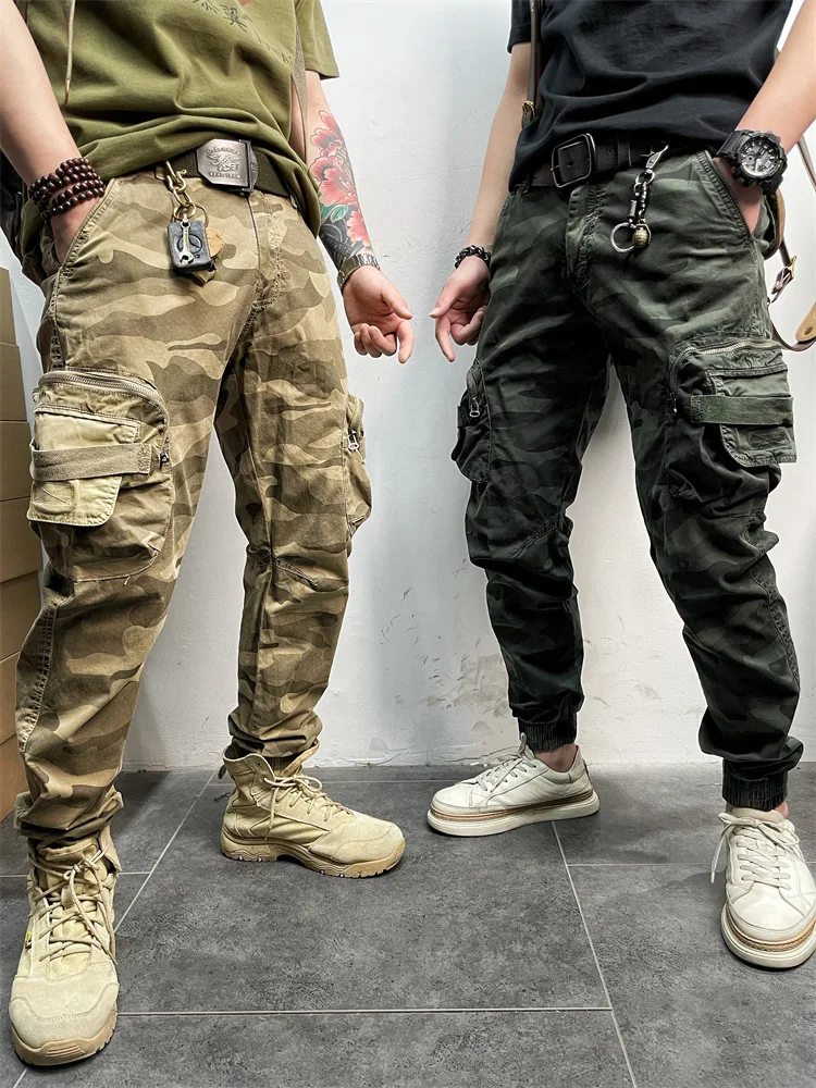 

Men's Overalls Casual Pants Summer Thin Section Youth Show Thin Beam Feet Tough Guy Camouflage Large Pockets Washed Cotton