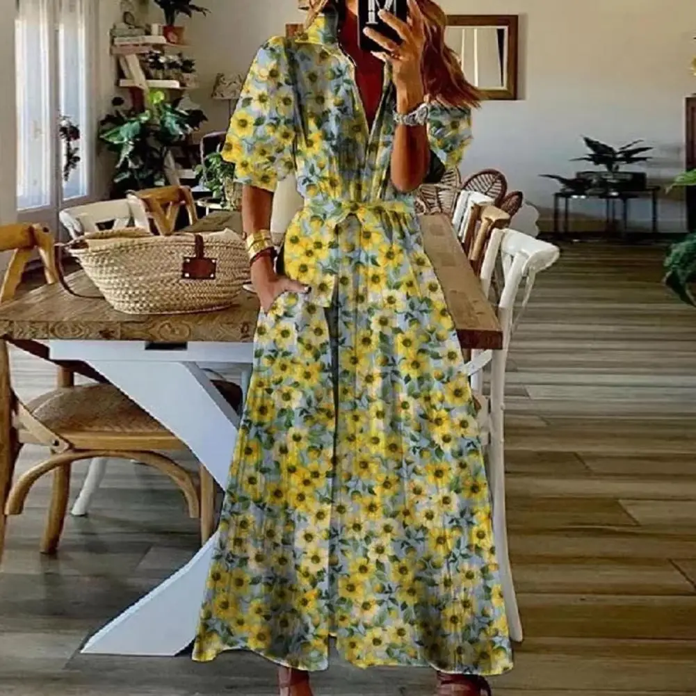 

Женское тонкое платье-рубашка с цветочным принтом, легкое платье-рубашка с воротником с лацканами, уличная одежда