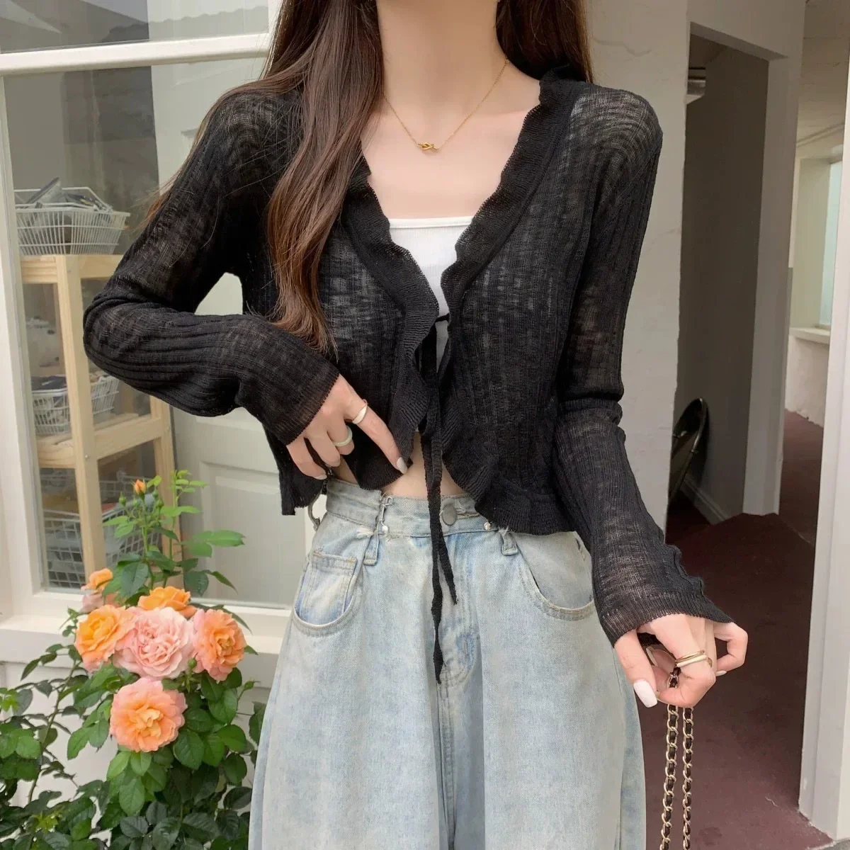 Осенний новый однотонный тонкий кардиган женский милый элегантный черный