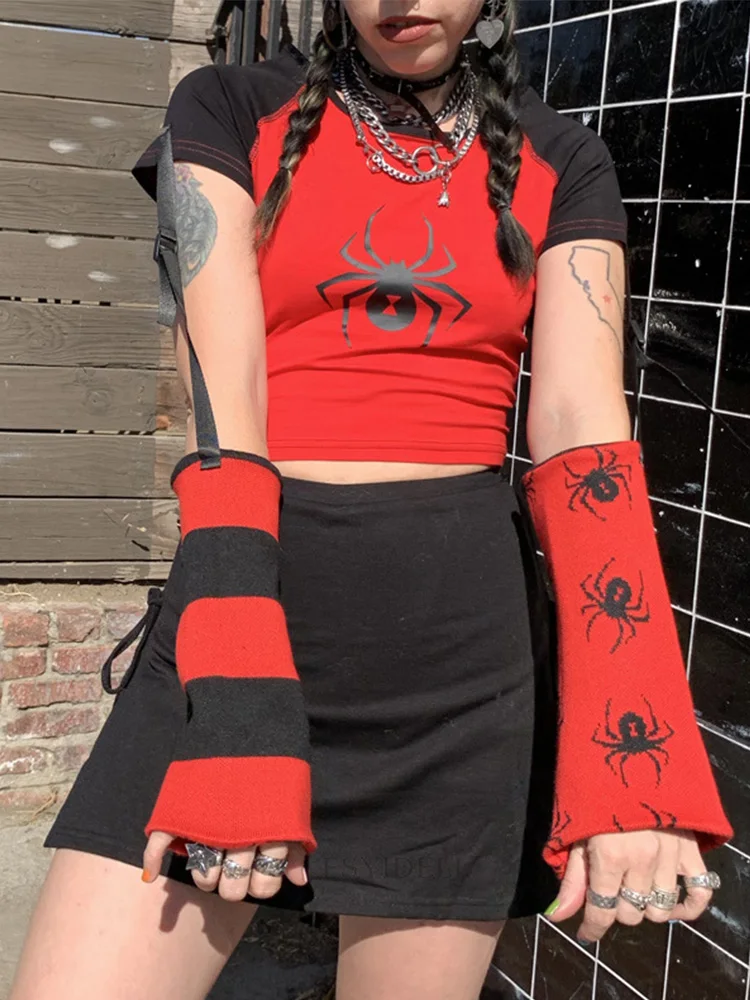 

Футболка Y2k Женская со съемным рукавом, уличная одежда в стиле эмо, с изображением Человека-паука, с черепом в стиле Харадзюку, женский топ в ...