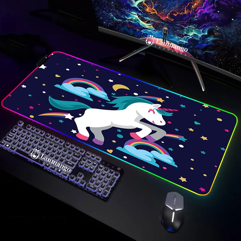 

Cute Cartoon Unicorn Computer Mouse Pad Table Backlight Luminous Mats Xxl Pc Gamer Anime RGB Custom Gaming With Wire Backlit Mat