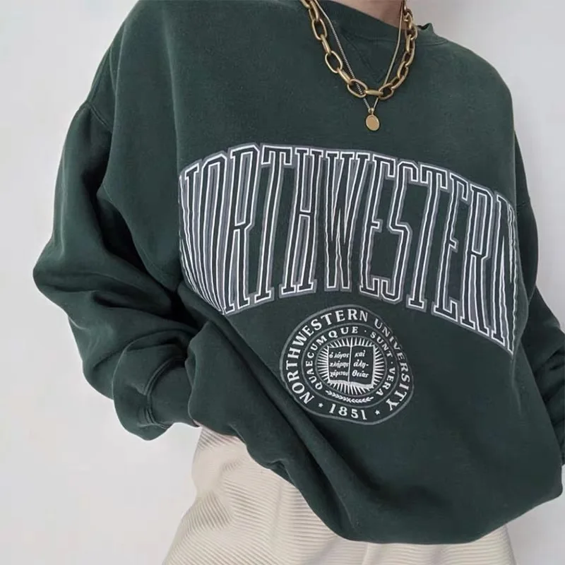 

Dark Green Letter Print Crewneck Sweatshirt Oversize Women 2022 Autumn Winter Warm Vintage Pullover Sweat Shirts Tops Sudaderas