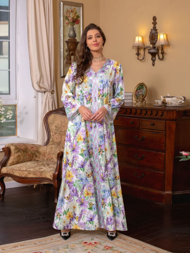 Eid Muslim Women Dress Abaya Morocco Party Dresses Abayas Elegant Ramadan Floral Prayer Long Sleeve Robe Musulman Maxi Vestidos