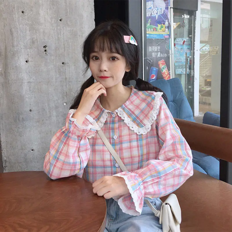 Японская хлопково-льняная клетчатая рубашка с длинными рукавами для женщин