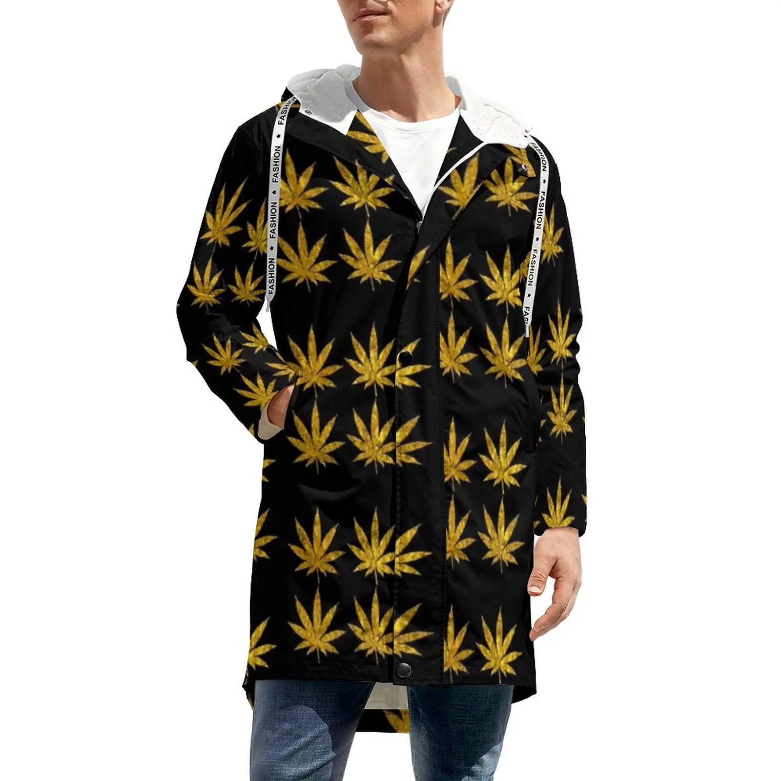 

Gold Weed Trench Coats Leaves Design Print Long Straight Casual Warm Parkas Men Trendy Street Wear Winter Jackets 4XL 5XL 6XL