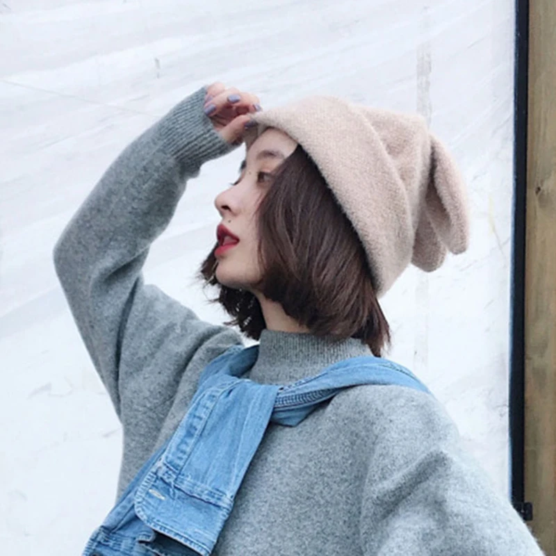 

Rabbit Ears Rabbit Fur Hat Women Autumn Winter Simple Solid Color Knitted Wool Hat Winter Warm Korean Version Of Japanese Hat