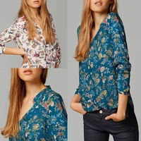 vintage floral print deep v women t shirts button long sleeve cotton autumn pullovers flowers casual loose women tops