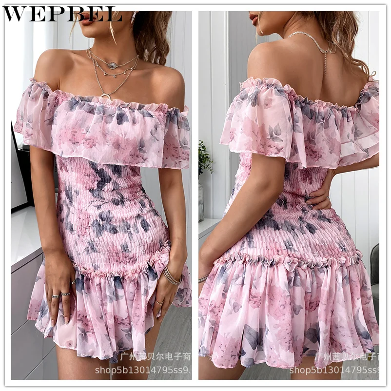 Купи Mandylandy Women's Elegant Print Chiffon Dress Ladies Sexy Fashion Off Shoulder High Waist Corset Ruffle Dress за 836 рублей в магазине AliExpress