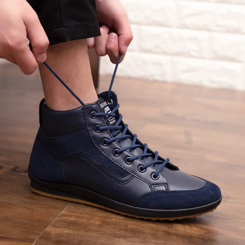 Men's Fashion PU Leather Boots Men's Casual Patchwork Flat Walking Shoes High-top Sneakers