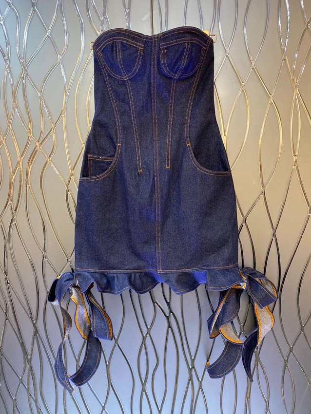 2023 new women fashion sleeveless wiring three-dimensional tube top hem lace knotted denim dress dress 0510