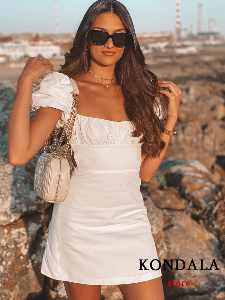 

KONDALA сексуальное льняное мини-платье для вечеринок, женское платье с квадратным вырезом и коротким пышным рукавом для ночного клуба, модное ...