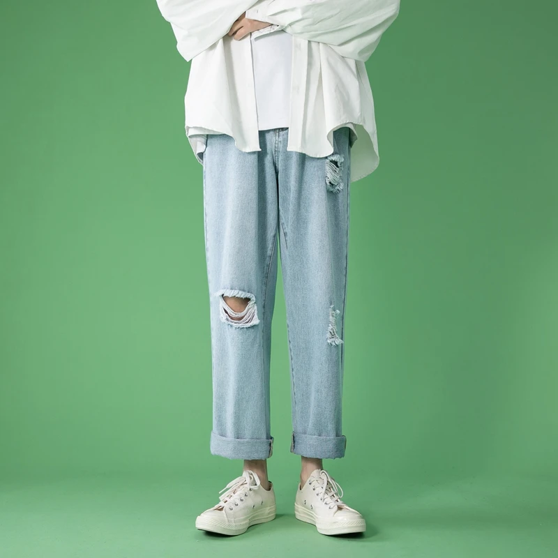 2022 Spring and Summer New Washed Denim Trousers Men's Ripped Fashion Simple Trendy Casual Slim Trousers Men