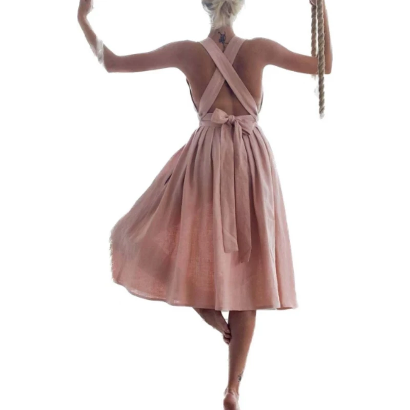 

Summer dresses for women 2023 Cotton Linen Dress Crisscross Tie Backless Cami Dress Stylish Solid Color Boho Beach Dresses