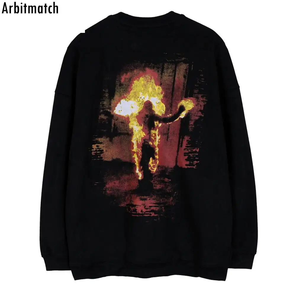 

Men Harajuku Sweatshirt Hood Men Suede Letter Embroidery Portrait Burning Print Pullover 2022 Hip Hop Oversize Men Streetwear