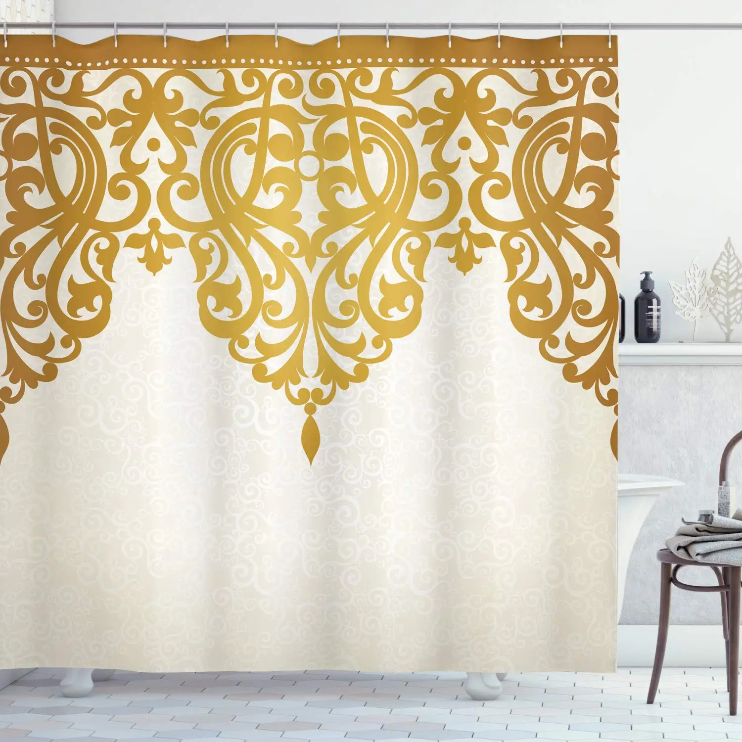 

Antique Shower Curtain,Victorian Style Medieval Motifs with Classic Baroque Oriental Shapes Cloth Fabric Bathroom Set with Hooks