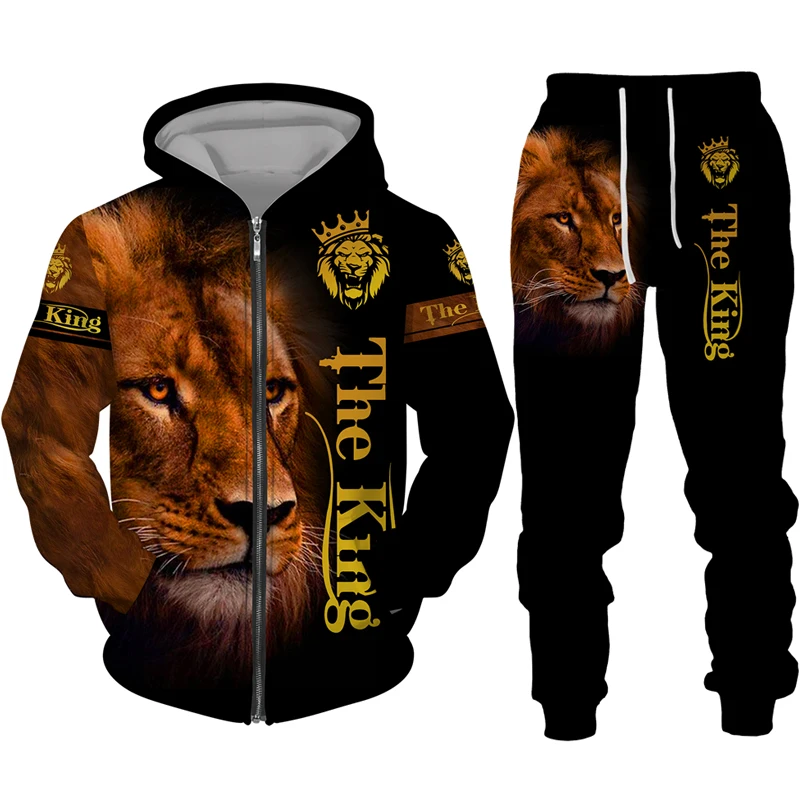 

The Lion King 3D Print Men's Zipper Hoodie/Suit Men's Casual Sportwear Two Piece Set Cool Animal Pattern Jacket& Pants Tracksui