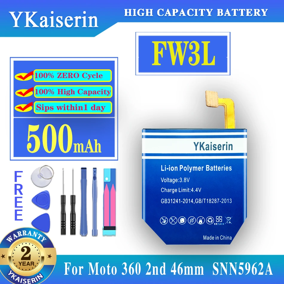 

Аккумулятор ykaisсеребрин FW3L на 500 мА · ч для Motorola Moto 360 2nd 2015 SNN5962A, аккумулятор + Бесплатные инструменты