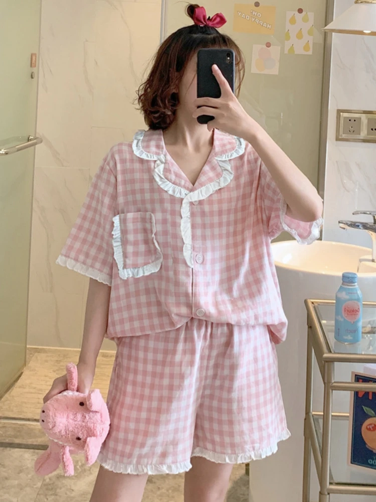 New Pajamas Set for Women Ladies Summer Thin Cotton Short Sleeve Sleepwear Suit Pink Plaid Women Home wear Clothes Set