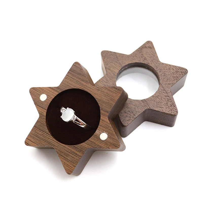 Коробка для обручального кольца Шестигранная звезда деревянная винтажная