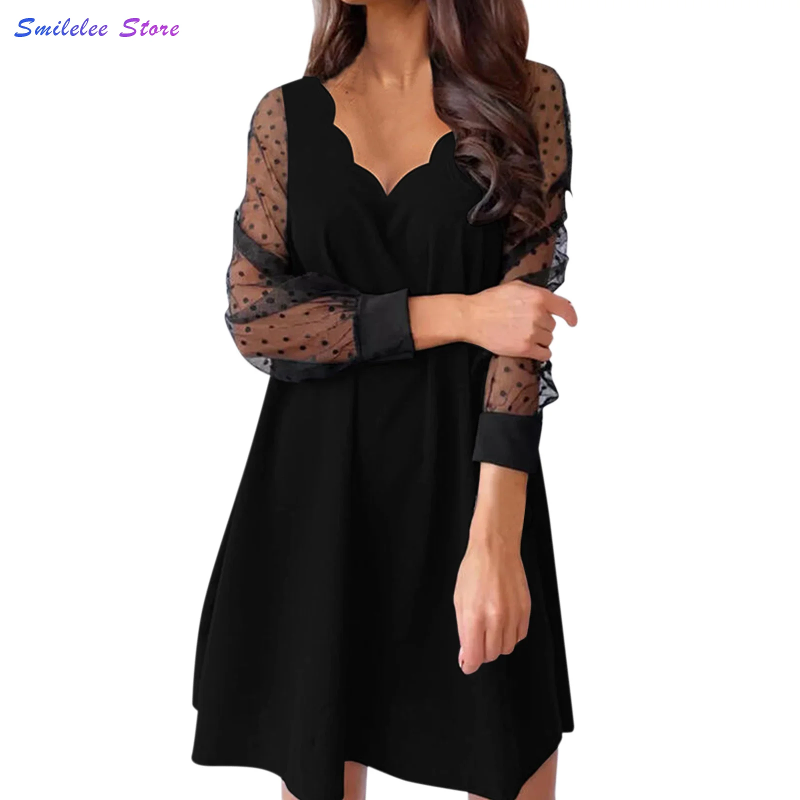 

Feitong женское прямое платье в горошек с принтом в горошек с длинным рукавом прозрачное маленькое черное элегантное платье выше колена платье