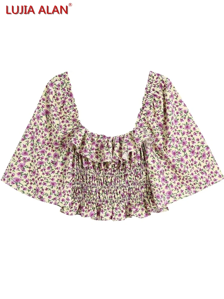 

Women Flower Print Square Collar Short Blouse Summer Female Flare Sleeve Shirt Smock Crop Tops Blusas LUJIA ALAN B138