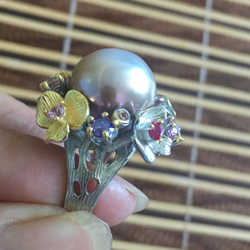 Женское кольцо из серебра 925 пробы с натуральным пресноводным барочным жемчугом