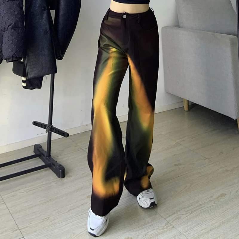 

WeiYao Rainbow Tie Dye Print Grunge Wide Leg Trousers Women Vintage Aesthetic High Waist Casual Loose Hippie Straight Pants