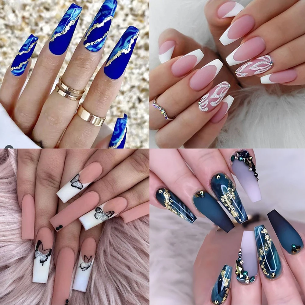 

24 шт. французские длинные квадратные синие накладные ногти с золотыми волнистыми накладными ногтями полное покрытие пресс для ногтей инструменты для маникюра