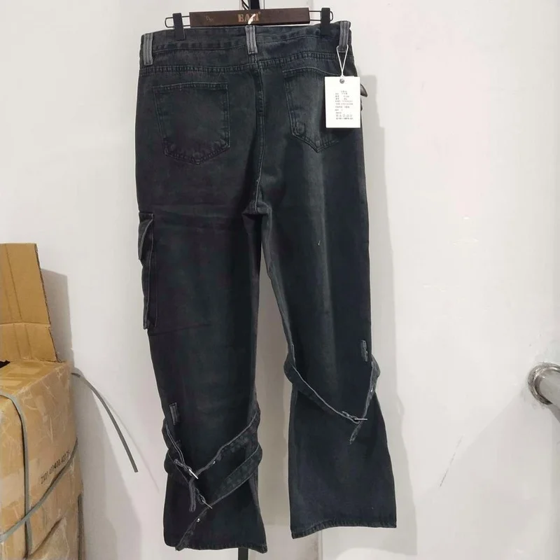 High Street Zipper Lace Jeans Women's Spring 2022 New High Waist Black Straight Loose Multi-pocket Denim Overalls Streetwear