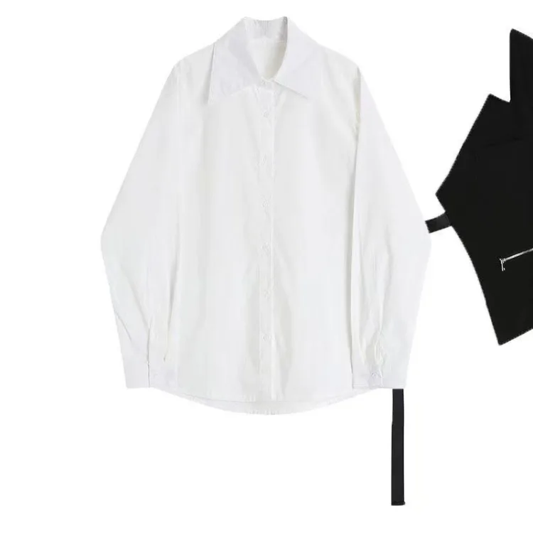 Белые рубашки с лацканами и длинными рукавами женские свободные средней длины
