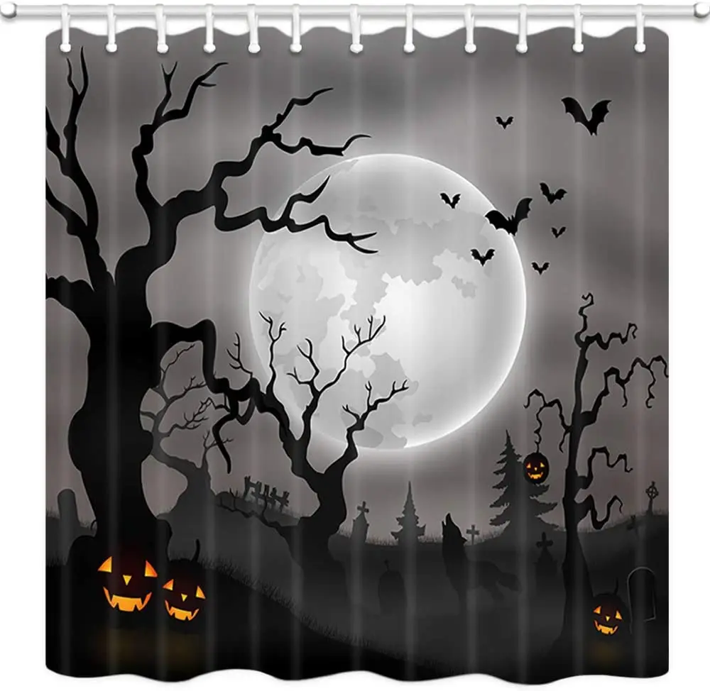 

Halloween Shower Curtain Halloween Night Background Wolf Howling Pumpkins Full Moon Bathroom Bath Curtains with Hooks