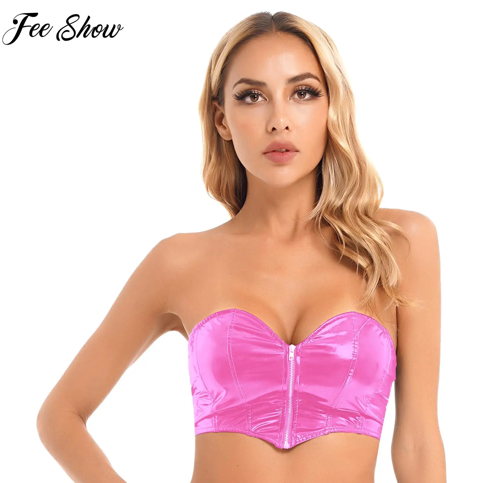 

Women's Strapless Exotic Tanks Crop Top Glossy Patent Leather Tube Tops Front Zipper Lace-Up Back Bustier Corsets Party Clubwear