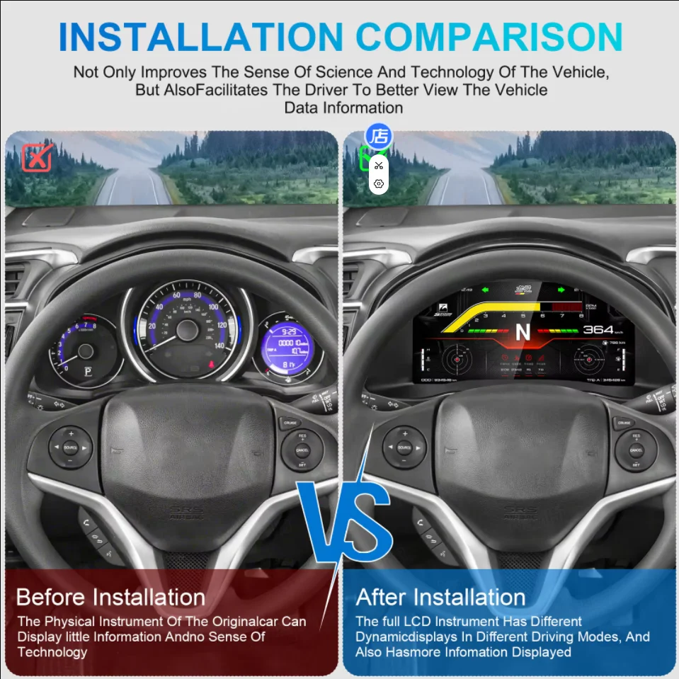 Фото Цифровая приборная панель LCD 12.3'' для Honda Fit JAZZ 2014-2020: Умные датчики, спидометр, панель приборов №2