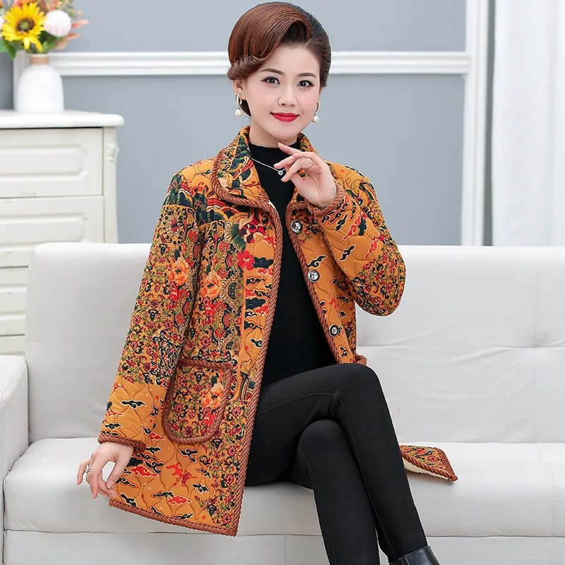 Winter Women Floral Quilted Basic Coat Red Green Blue Flower Thicken Warm Fleece Lining Overcoat Aged Woman Thermal Padded Coats