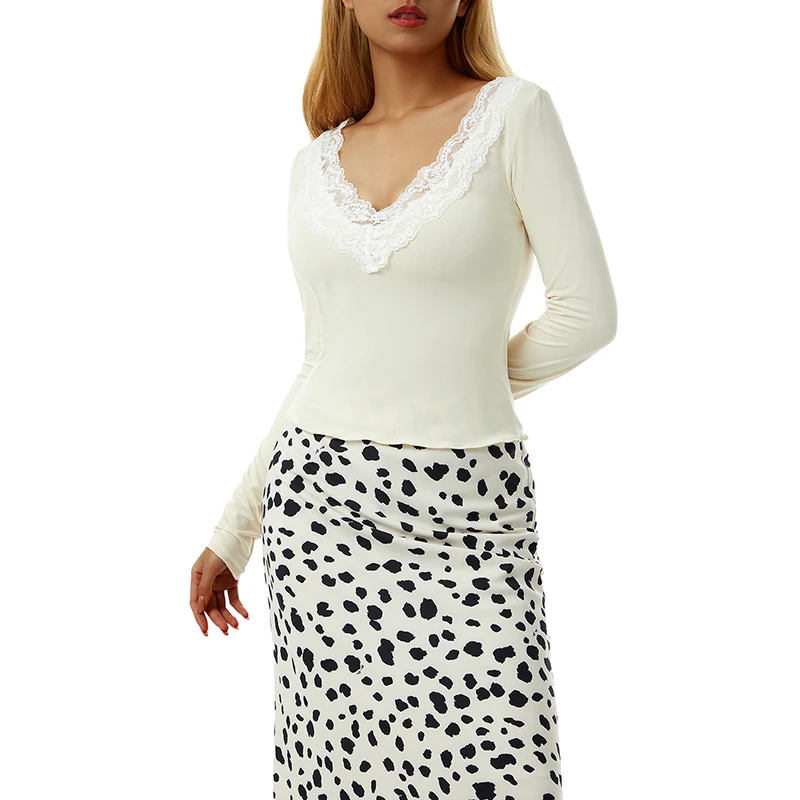 

Women T-Shirts Spring Autumn Ladies Lace Splicing Tops Casual Slim Solid Color V-neck Long Sleeve Basic Sexy Bodycon Base Shirt