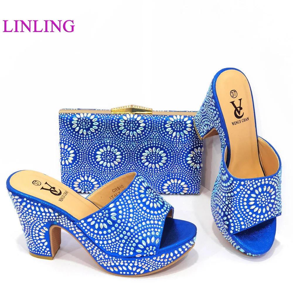 

Pretty African Women Party Shoes Matching Bag Set Decorate with Rhinestone in Rpyal Blue Nigerian Wedding Shoes and Bag Set
