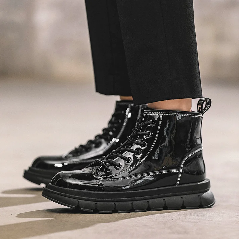 Martin Boots Men Leather Work Boots Black High-top Men's Shoes Fashion Motorcycle Boots Platform Boots Non-slip Cowboy Boots