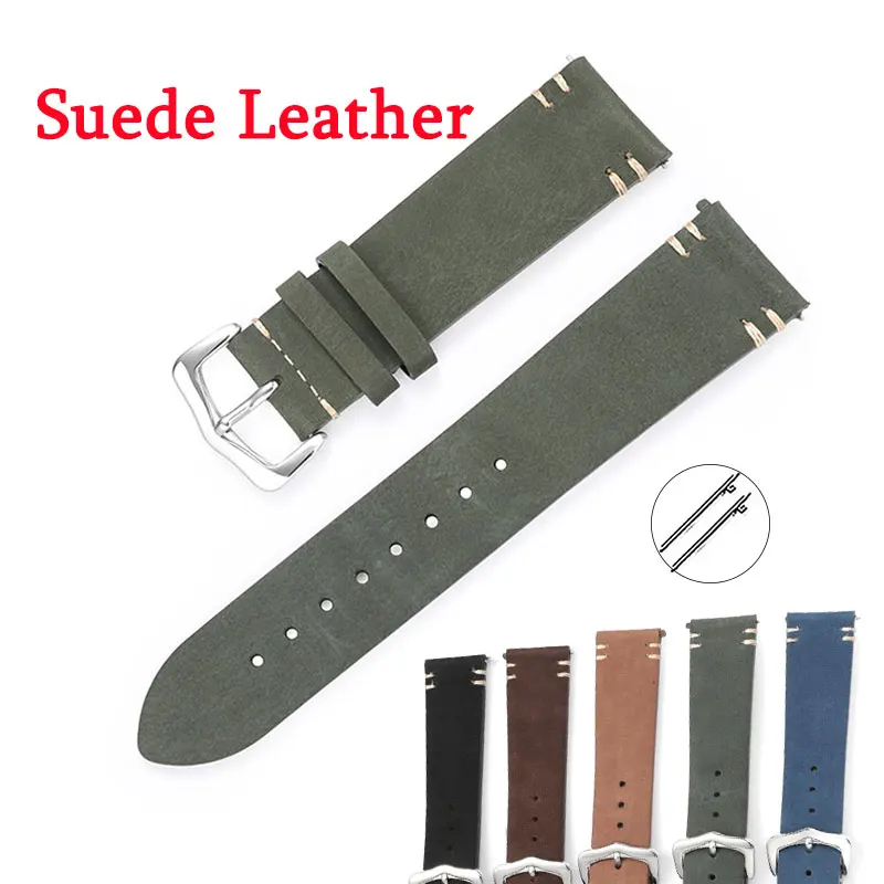 

Ремешок замшевый для наручных часов, быстросъемный винтажный Универсальный сменный браслет ручной работы с прострочкой, 20 мм 22 мм, синий зе...