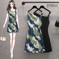 ehqaxin summer womens sling dress fashion french retro print silk surface simple sloping shoulder sling dresses female m 4xl