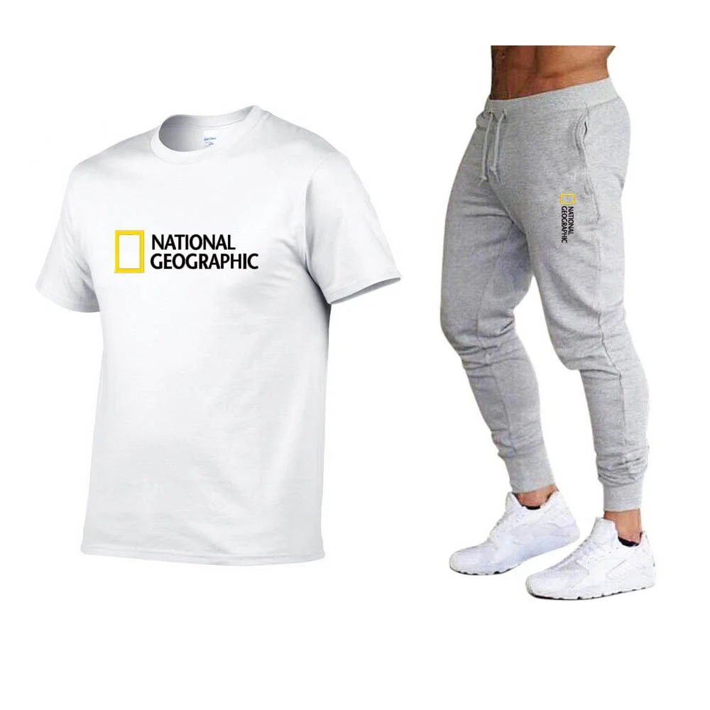 National Geographic Spring Summer T Shirt Pants Set Casual Brand Fitness Jogger Pants Hip Hop Shirts Fashicon Men'stracksuit