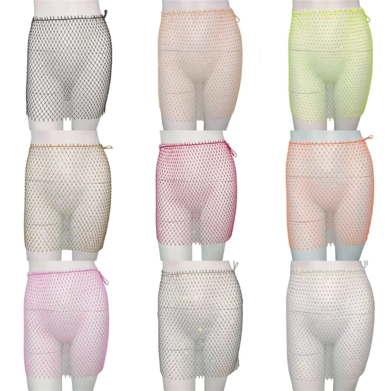 

Женская сексуальная блестящая юбка со стразами, сетчатая прозрачная мини-юбка, ажурное бикини, накидка, клубный фестиваль, P8DB