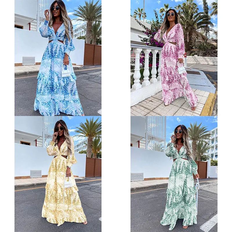 

Летние длинные платья в стиле бохо, женские сексуальные Макси-платья с V-образным вырезом, открытой спиной и рукавами-фонариками для клувече...
