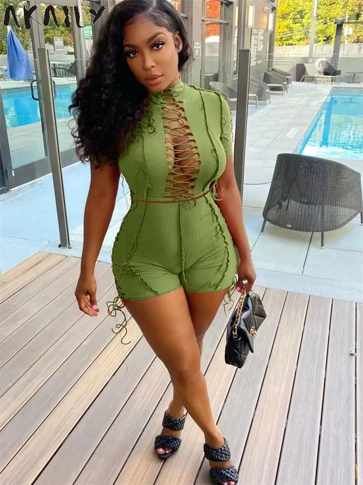 

AKAILY Summer Streetwear 2 Two Peice Set Outfits Women 2022 Bandage Short Sleeve Crop Top Bodycon Shorts Black Matching Sets