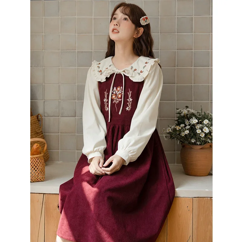 Милый возрастной художественный комплект платья с длинными рукавами и вышивкой