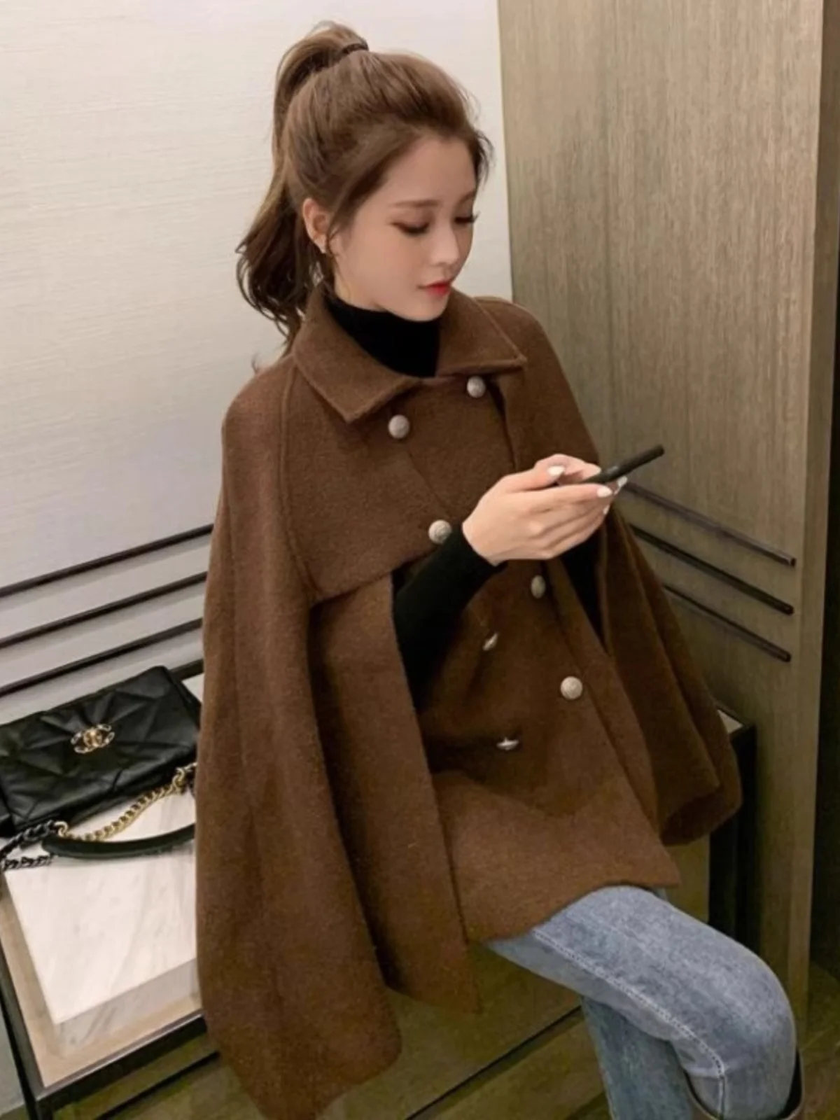 Plus size Hepburn Sle Cape Poncho Woolen Jacket Women Autumn and Winter Fat Sister Temperament Slimming Versatile Co...