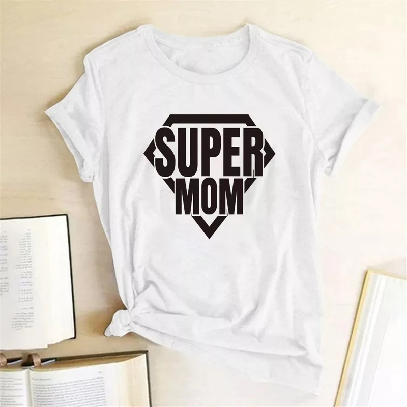 

Футболка женская с принтом Super Mom, Повседневная Базовая рубашка, модный топ с круглым вырезом и коротким рукавом, подарок на день матери, на л...