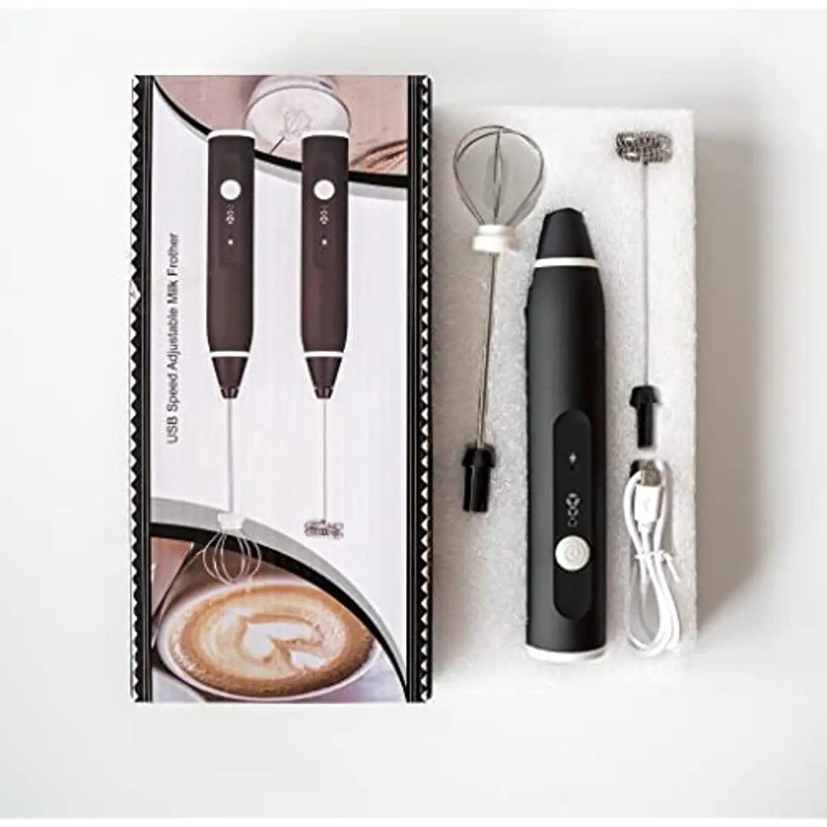 

Electric Whisk and Frother Set Handheld USB Rechargeable Coffee Eggs Frother Mixer with 2 Stainless Whisks，3-Speed Mini Blender
